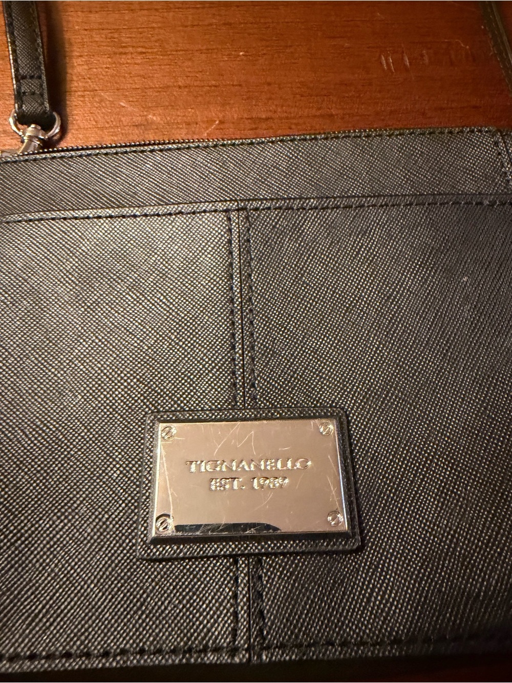 Tignanello Black Textured Saffiano Crossbody with Silver Plate